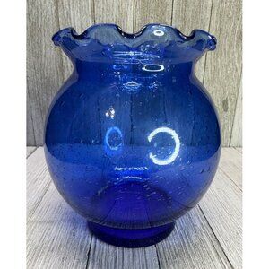 Vintage Cobalt Blue Bubble Glass Vase With Ruffled Collar 5.5" Tall Round Decor
